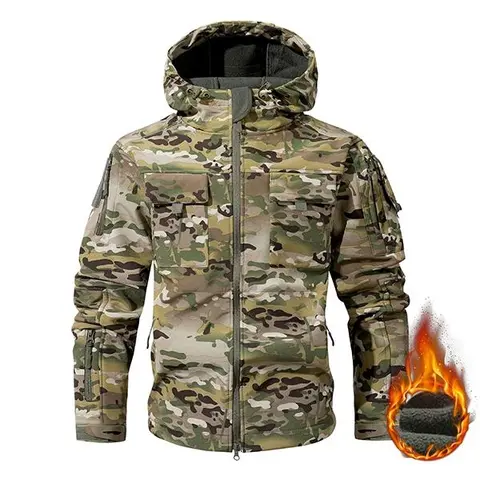Men’s Waterproof Fleece Hooded Jacket Coats - Menswear Tops, Mock Neck, Fitted Cut, 9 Multi-Pockets, Long Sleeves, Operator-Style Camouflage Navy Outdoor Motocross Workwear