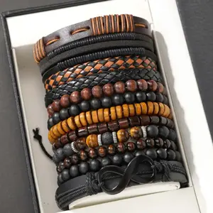 12 Pieces Vintage Woven Faux Leather Tiger's Eye & Moonstone Bead Bracelet Set for Casual Party Fashion Accessories (Box Not Inc