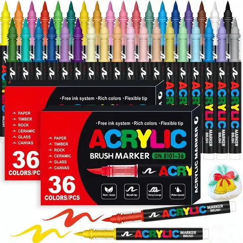 Acrylic Pigment Marker, Soft Brush Head Marker, Suitable for Wood, Stone, Canvas, Glass, Fabric, Egg Tempera Painting and DIY Handmade, Student Specific, Children's Art Watercolor Dreamy Birthday Party Decor Set Halloween Candy acrylic brush marker