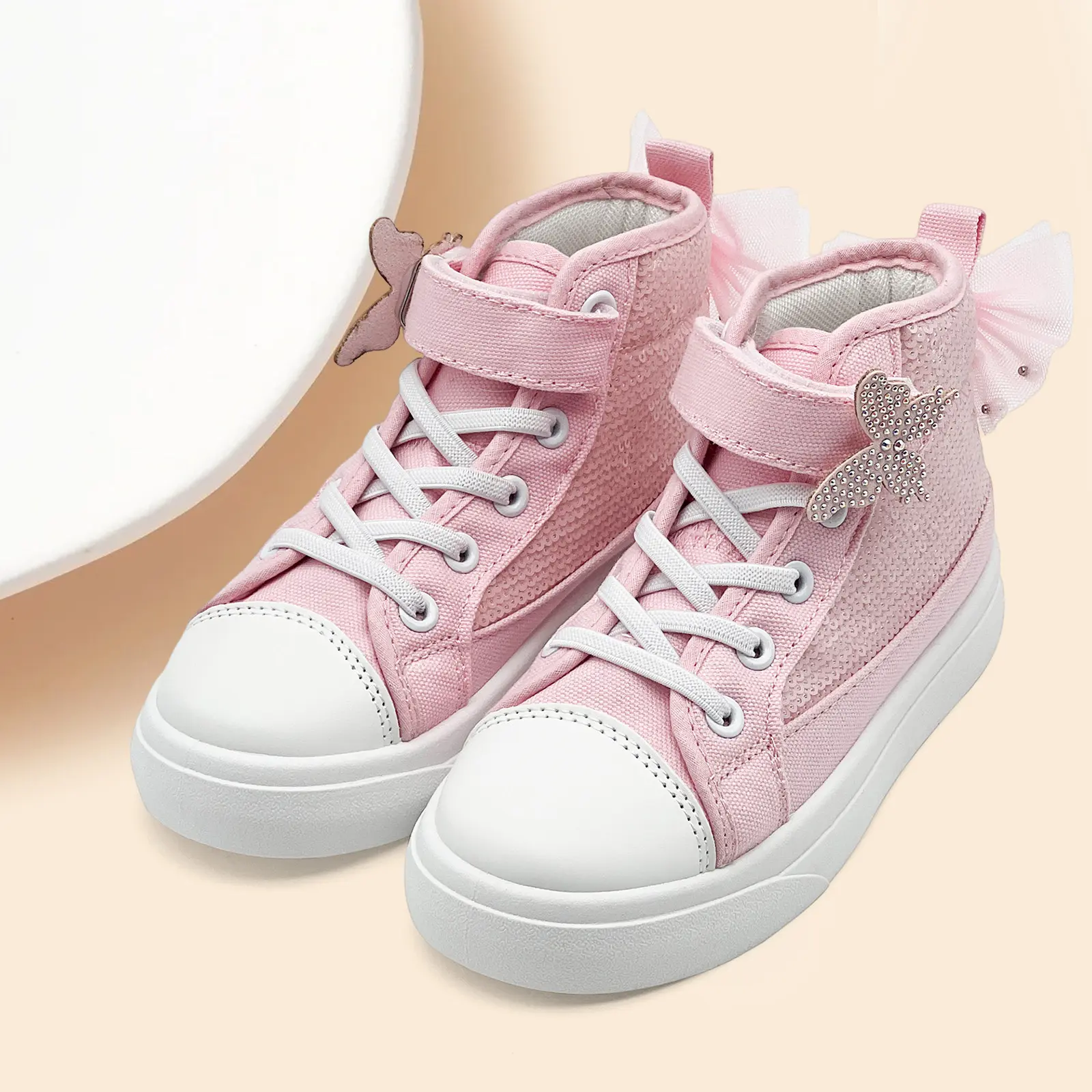 Lumubby Girls' Girly Trendy High-Top Sneakers - 4-5 Years, Round Toe, Sparkle Sequins, Butterfly Print, Sequined Bow, Rubber Sole, All-Season Casual Walking Footwear for Activities