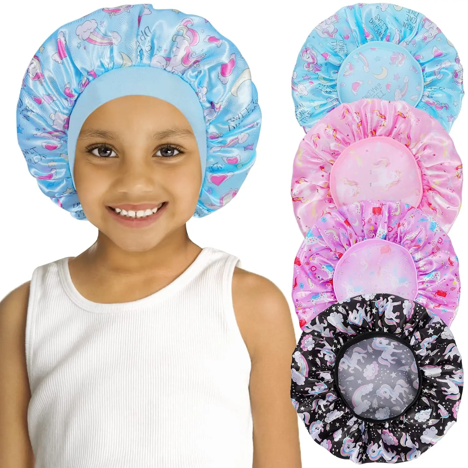 4 count  Satin Bonnet  Sleeping Cap,Soft Silk Bonnet Elastic Wide Band,Breathable  Bonnets Night Sleep Caps,Colorful Night Hats for Girls  Teens  Hair (Unicorn)