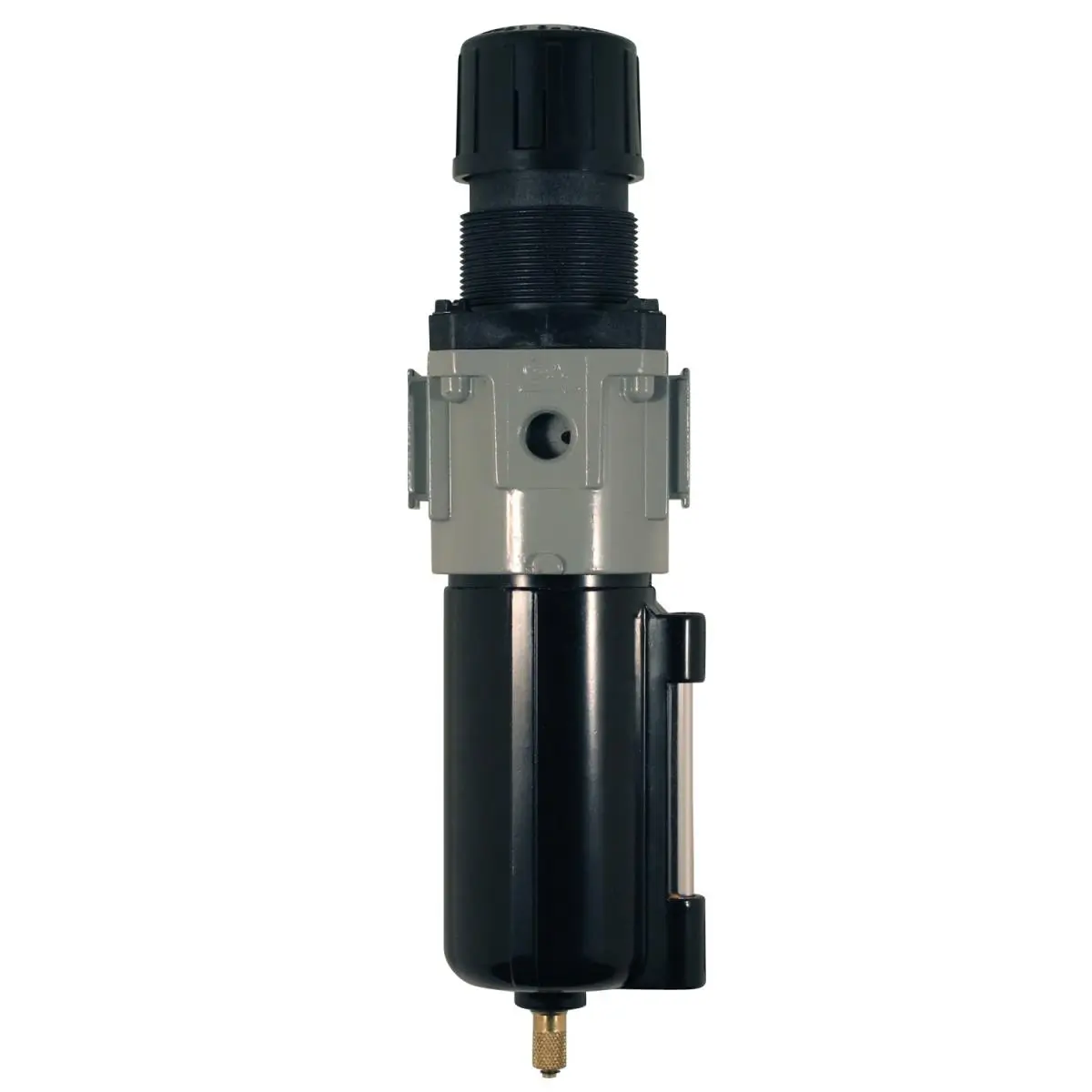 Milton 1109-1 Metal Body Piggyback Type Filter Regulator, 0.25 in. NPT Threads, 3-Position Knob, Auto Drain, Non-Rising Adjustment, Visible Sight Glass, Max 200 PSI