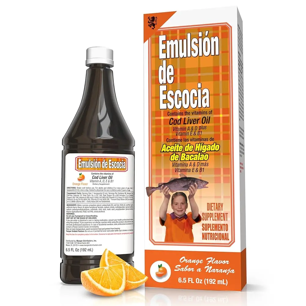 Emulsion de Escocia Cod Liver Oil Orange Flavor 6.5 fl oz Fish Oil for Immune and Bone Health with Vitamins and Omega-3, Adults, Brain
