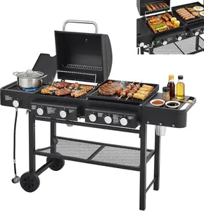5 Burners Propane Gas Grill and Griddle Combo with Side Burner, 3 in 1 Griddle Grill and Porcelain-Enameled Cast Iron Grates, 56,000 BTU Outdoor Cooking Barbecue Grill, Black