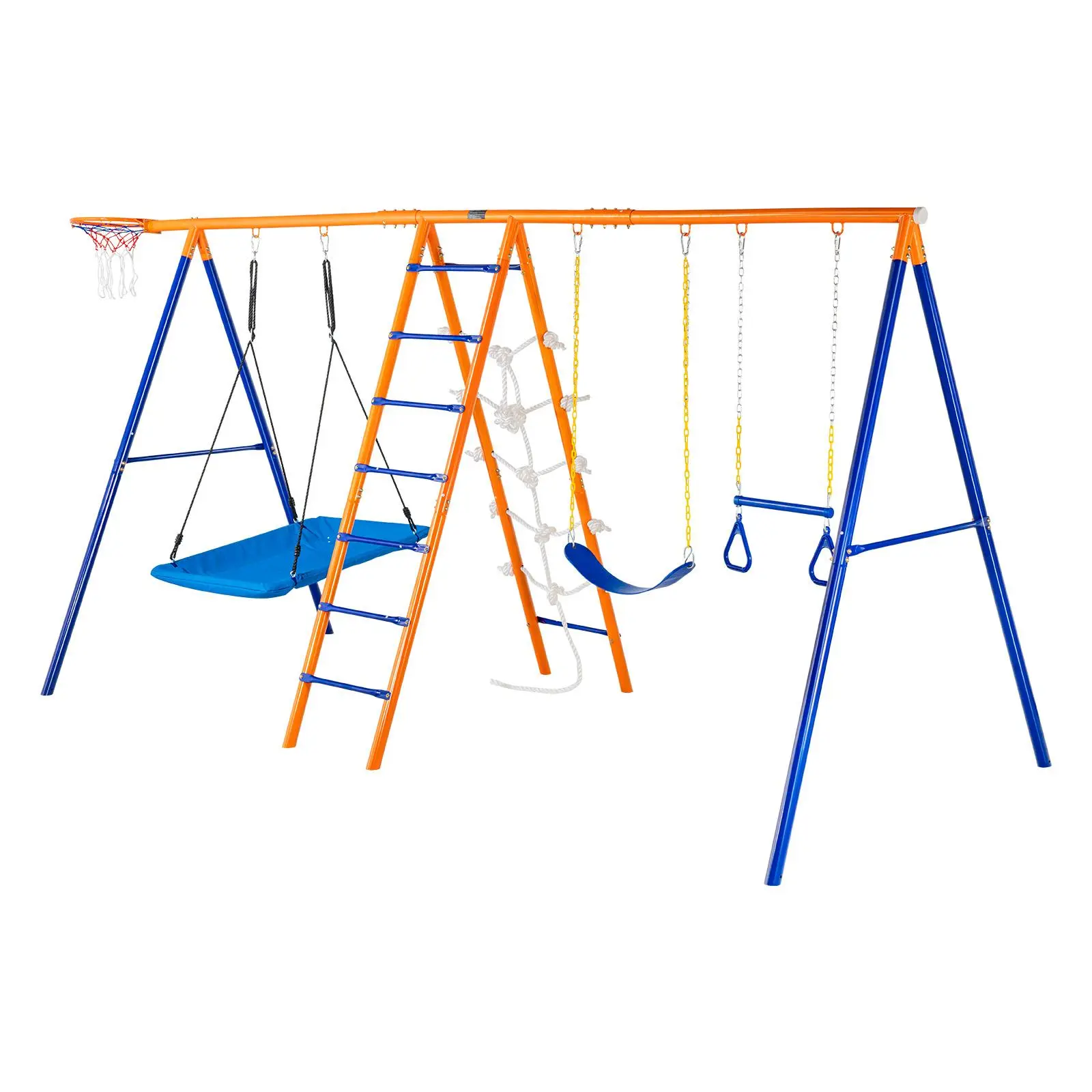 【SummerFinds】VEVOR Swing Sets for Backyard,  , 6 in 1 Swing Set with 2 Swings, Trapeze Bar, Climbing Ladder, Climbing Net, and Basketball Hoop, 440lbs Load Capacity Heavy-Duty Metal Swingset Outdoor for Kids Ages 3+