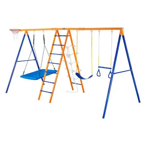 VEVOR Swing Sets for Backyard,  , 6 in 1 Swing Set with 2 Swings, Trapeze Bar, Climbing Ladder, Climbing Net, and Basketball Hoop, 440lbs Load Capacity Heavy-Duty Metal Swingset Outdoor for Kids Ages 3+