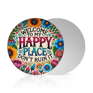 Vintage Aluminum Wall Sign 8x8 Inch – "Welcome to My Happy Place, Don’t Ruin It" Colorful Floral Decor for Garden, Beach House & Garage – Easy-Hang Home Decor Durable Iron Wall Art Home gift friend ideal