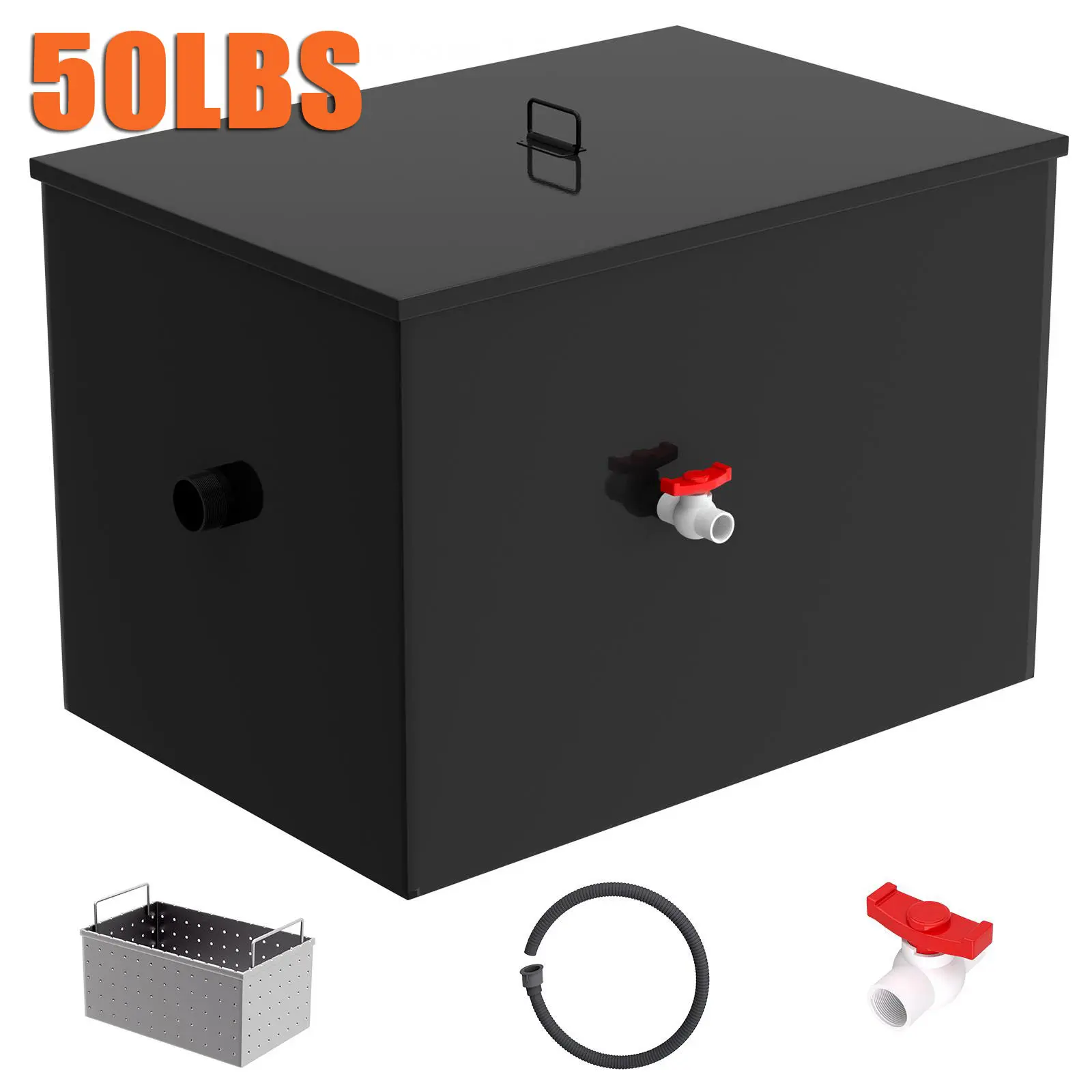 50 LB Industrial Commercial Grease Trap, 1.8mm Triple-Layer Carbon Steel Grease Interceptor with 20.32 GPM Flow Rate, 28x19x20in Waste Water Oil-Water Separator for Restaurant & Home