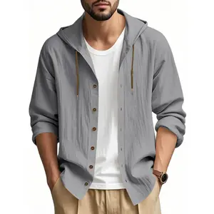 Linen Hooded Long-Sleeve Shirt Jacket, Hawaiian-Style Casual Loose Fit, Drawstring & Button Design, Spring & Autumn Fashion, Beach Vacation Essential