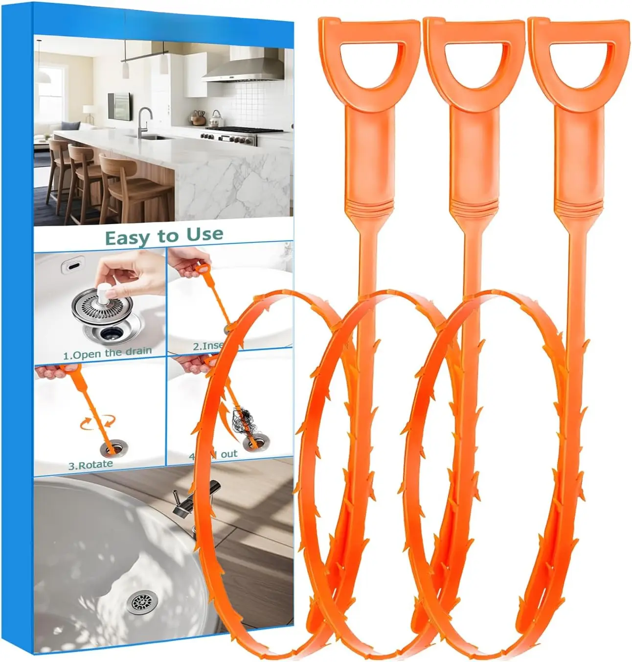 Drain Snake, Drain Clog Remover Tool, 3 Pack Cleaner Hair Remover, Sink Snake for Sewer Kitchen Sink Bathroom Tub Toilet