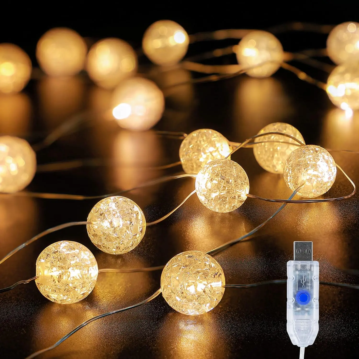 Globe String Lights,10FT 30 LED Decorative Christmas Lights,8 Modes Crystal Crackle Ball Lights,USB Twinkle Fairy Lights for Bedroom,Indoor,Outdoor,Classroom,Wedding,Party,Garden,Warm White, Ambient Light Indoor, Light-Changing Indoor