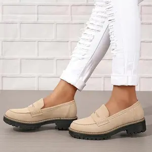 【TikTokShopBlackFriday】Women Loafer Shoes Beige Platform Chunky Slip On Penny Style Fall Season Casual Business Office Look US6-11