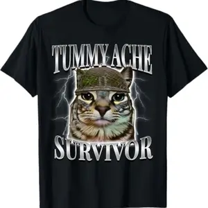 Tummy Ache Survivor Cat Meme Funny Saying Cats Animals T-Shirt