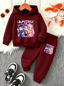 Girls' Spring Summer Casual Two-Piece Set, Cute Huntrix Hoodie Pants, Comfortable Soft Fabric, Fun Cartoon Design, Cartoon Print Set, Perfect Gift