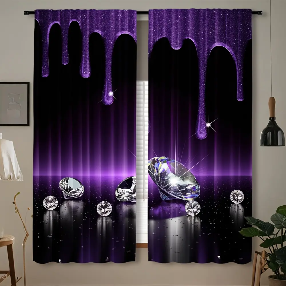2-Piece set, sparkling purple diamond print curtains, translucent rod pocket design, suitable for bedroom, office, kitchen, living room study fashion home decoration, room decoration, Window Drapes, Home Decorative Curtain