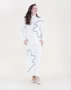 Original USA Women's 2-Piece Abstract Outline Mock Neck Long Sweater & A-Line Knitted Maxi Skirt Set, White, Minimalist Chic Fall & Winter Gamis Suits