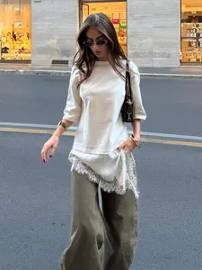 Women's Lace Patchwork Dress, Oversized Fit, Asymmetric Lace Hem, Half Sleeve, Casual Street Style, Spring & Fall Fashion