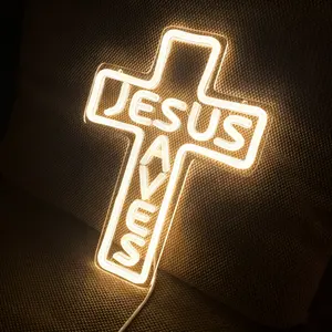 Jesus Saves Cross Shaped Decorative Light, Prayer Church Christian Bedroom Lamp, USB Powered, Adjustable Brightness, Wall Mountable, Religious Home Decor