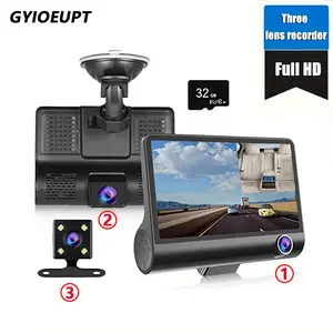 GYIOEUPT Suction-Cup Mounted 3-Channel HD 1080P Dashcam, Car Dashboard Camcorder with Simultaneous Front, Rear, Side Recording, HD Night Vision, Wide-Angle Rearview Camera