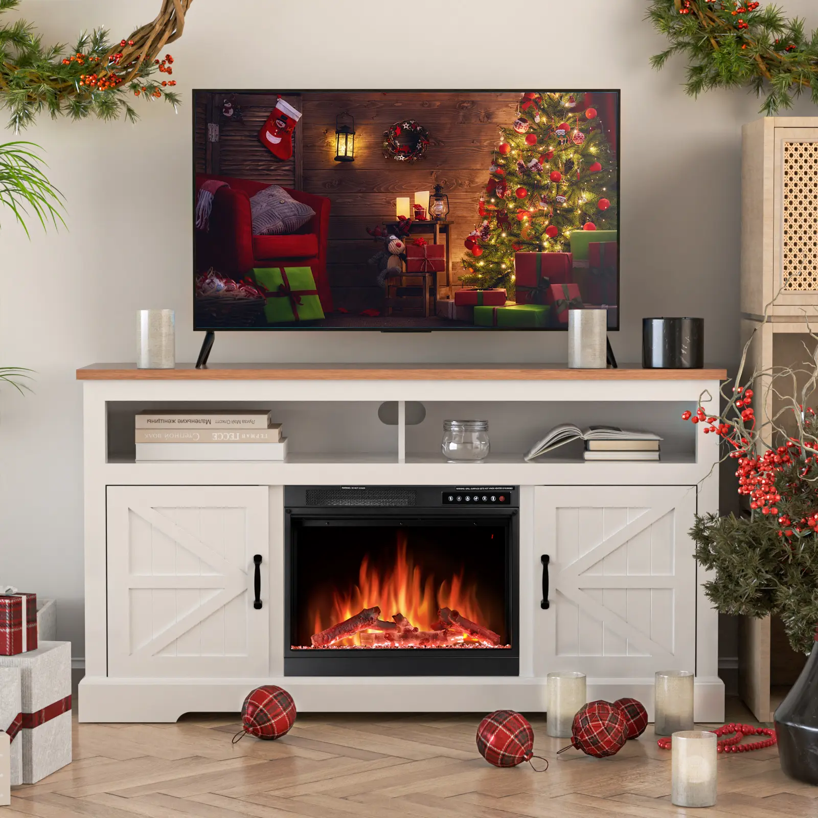 Xbeauty 60" Freestanding Corner Electric Fireplace Mantel - Wood Surround Firebox Heater, Infrared Quartz Heating, Adjustable LED Flame, Remote Control, Walnut, LED Lights, Modern Farmhouse TV Stand, Home Decoration for Bedrooms, Farmhouse Style Home, Rus
