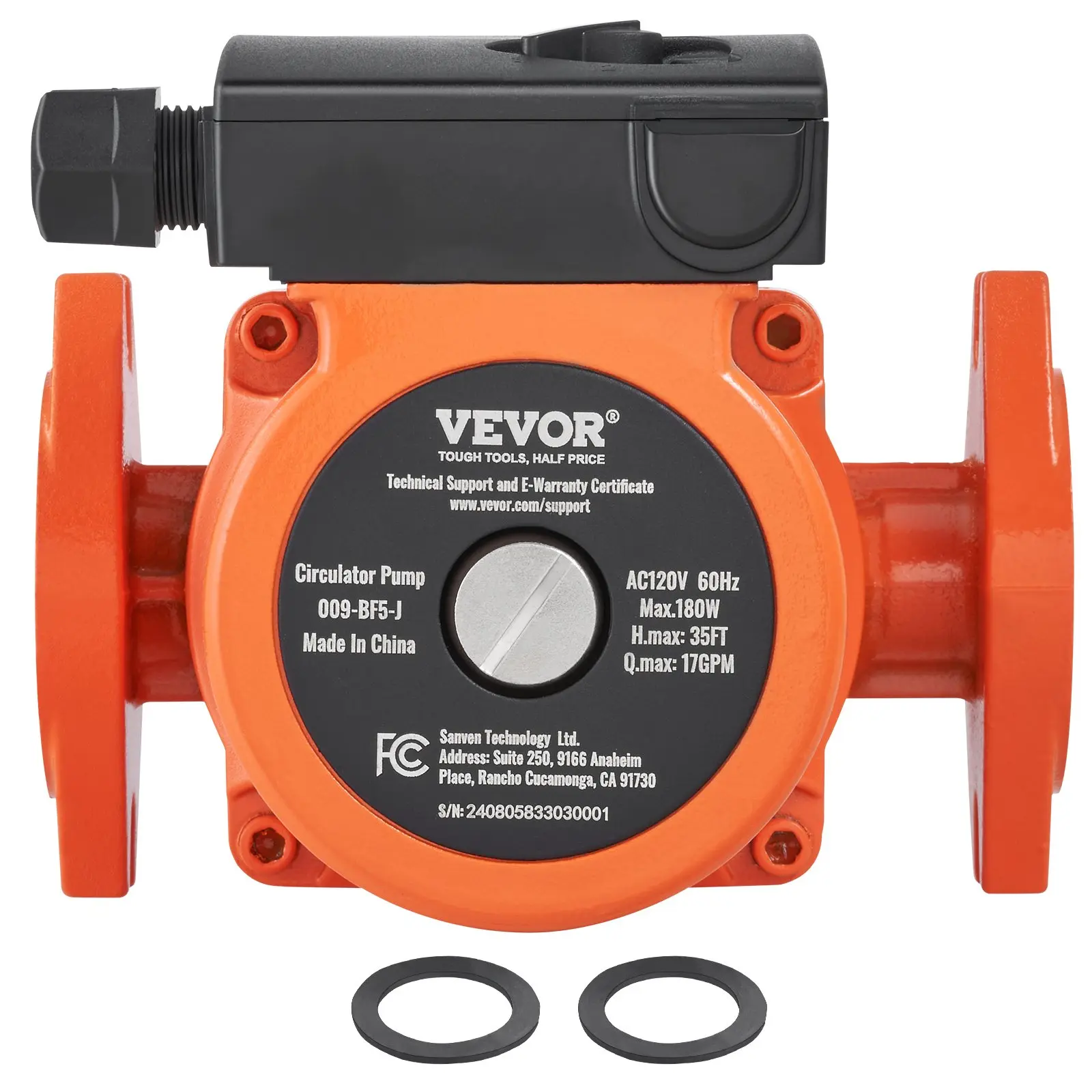VEVOR 009-BF5-J Hot Water Recirculating Pump, 110V, 180W 10 GPM Hot Water Circulation Pump, 3/4" NPT Flange 3-Speed Circulator Pump
