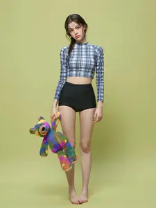 New Japanese Korean Women's Long Sleeve Two-Piece Plaid High Waist Conservative Swimwear, Sun Protection Belly Cover Swimsuit