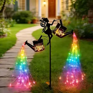 RUIDEL MICHAELS outdoor solar lights featuring a fairy statue lamp, two solar hollow-pattern teapot lamps, a flowing seven-color waterfall light string, and a solar hanging lantern teapot lamp—suitable for gardens, lawns, corridors, and walkways.