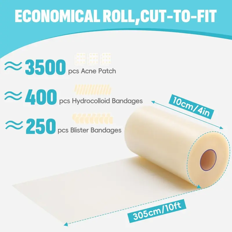 Hydrocolloid Bandage Roll (3.94in Width, 39.3-118in Length) - CE Certified, Waterproof, Gentle, Transparent, for Facial Acne, Fingers, Ankles, Knees, Minor Wounds, Home Care Supplies, Ideal for Healthcare Professionals