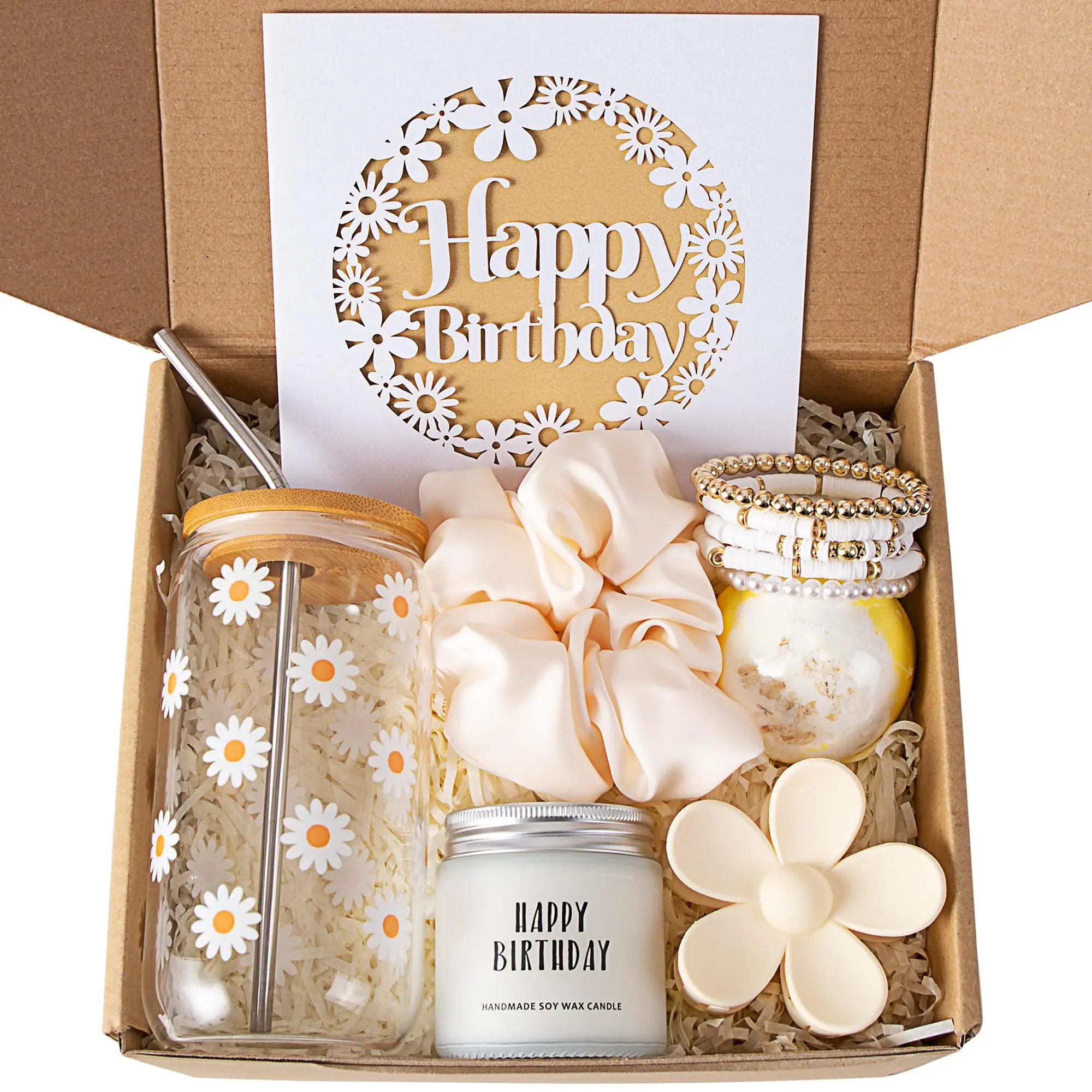 1 Set Birthday Gifts, Unique birthday gifts For Women, Teen Girl, Sister, Daughter, Friends, Candles, clips, hair bands, bracelets, holiday gifts, Cute Daisy Glass Cups Gift Set 7pcs, Christmas, Gift Set Box, Gift Pack Set