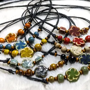 Ceramic Beaded Flower Y2K Boho Hippie Whimsical Adjustable Black Rope Cord Choker Stacking Necklace