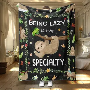 Sloth & Leaves Pattern Blanket, 1 Count Soft  Air-conditioned Room Throw, Warm Nap Blanket for Home Office Travel