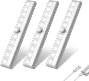 Under Cabinet Lights, USB Rechargeable Motion Sensor Closet Lights, Wireless Magnetic Stick-on Cordless 10 LED Night Light Bar for Closet Cabinet Wardrobe Stairs Hallway, 3 Pack