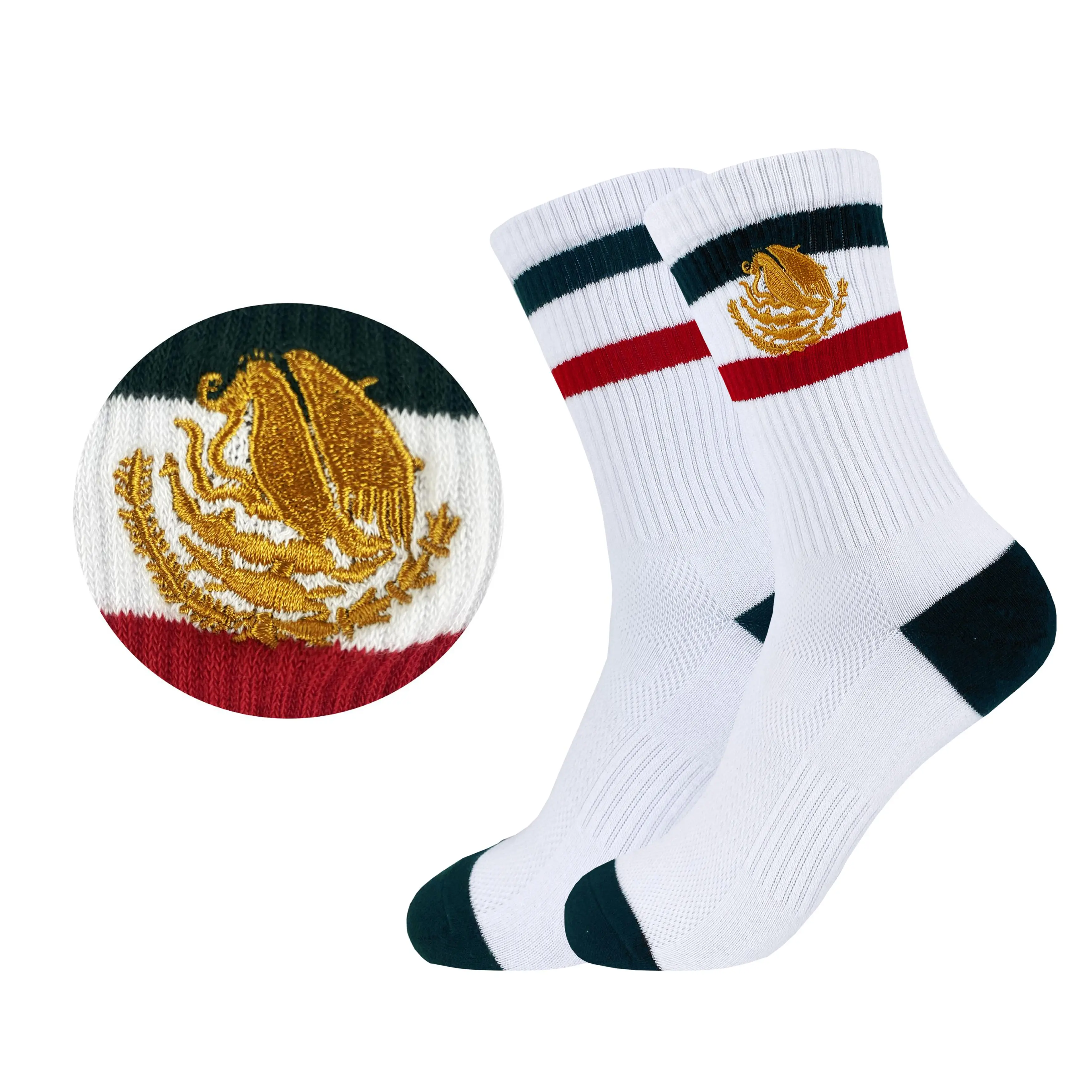 Mexican Pride Gold Eagle Embroidered Retro Crew Socks - Cotton Athletic Striped Streetwear Socks for Back to School, Sept 16 Independence Day & Holiday Gift
