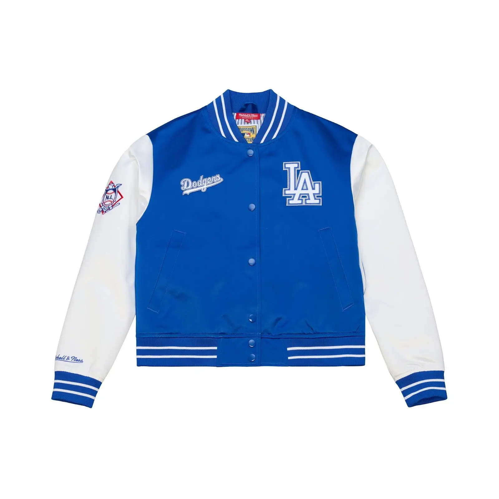 Women's Los Angeles Dodgers Royal Satin Floral Cropped Full-Snap Jacket MLB Throwback Outerwear Vintage Fan Gear Mitchell & Ness