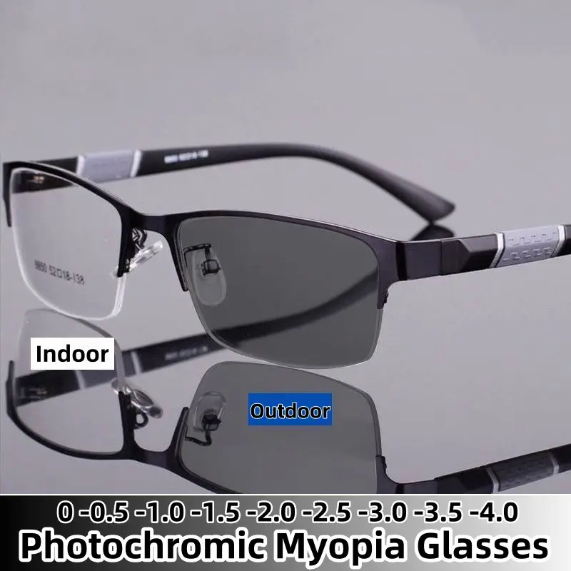 Men's Photochromic Myopia Glasses Vintage Business Half Frame Minus Sight Eyewear Outdoor Color Changing Sunglasses 0-1.0 To-4.0