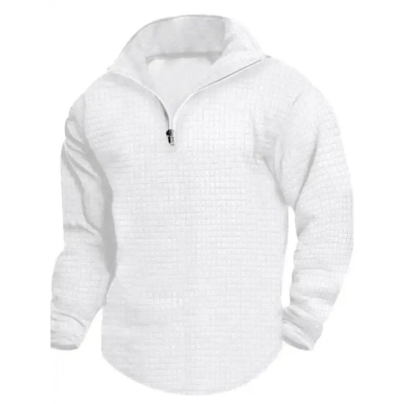 Men's Solid Color Textured Half Zip Up Sweatshirt, Regular Fit Casual Comfy   Long Sleeve Stand Collar Pullover for Spring & Fall, Fashion Men's Top for Daily Wear
