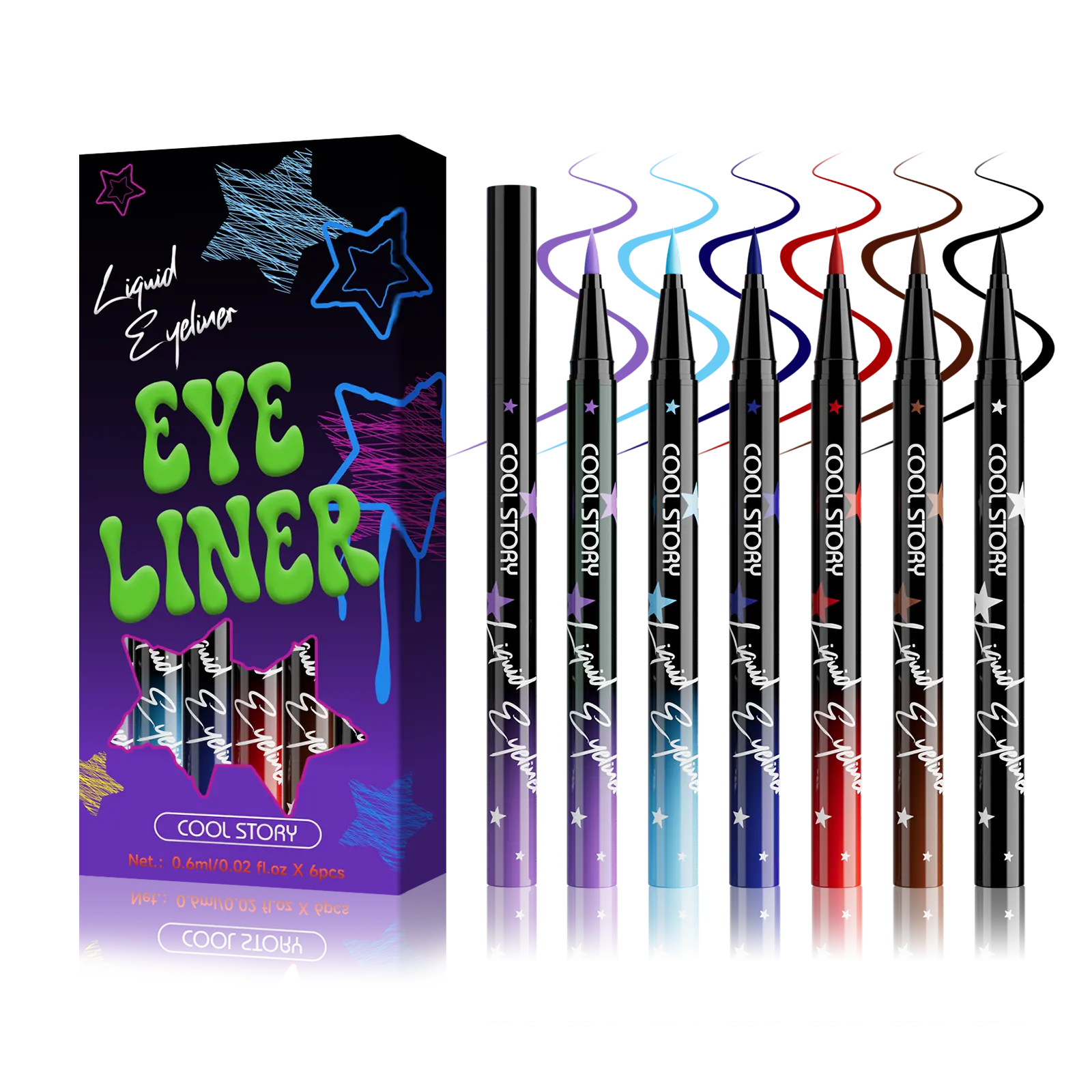Cool Story Set-A 6 Bright Pastel & Neon Liquid Eyeliner Tubes Multi-Pack - Waterproof, Sweatproof, Smudge-Proof Fine-Tip Cosmetic, Long Wear Long-Lasting Eyeliner for Neon Festival Eye Makeup, Transfer Proof Makeup for Beginners