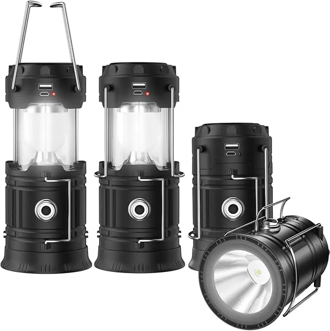 4-Pack Solar Camping Lanterns: TikTok Viral Emergency Light with USB/Solar/AA 3-Way Power, Collapsible Waterproof Flashlight for Power Outages, Hurricanes & Hiking Survival