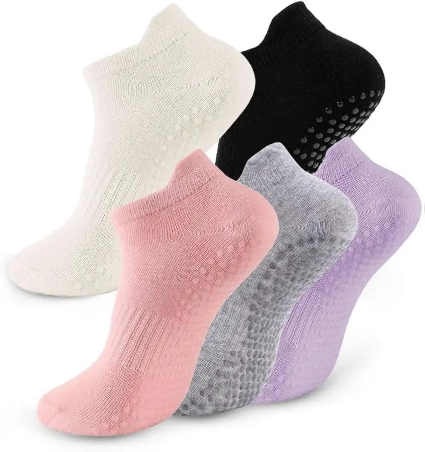 5 Pairs Pilates Socks for Women Non Slip Grip Socks for Yoga Barre Hospital Barefoot Cotton Spandex Blend Low Cut Breathable