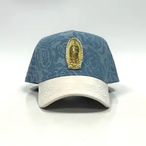Virgin Mary Embroidered Denim Baseball Cap with Gold Embellishment