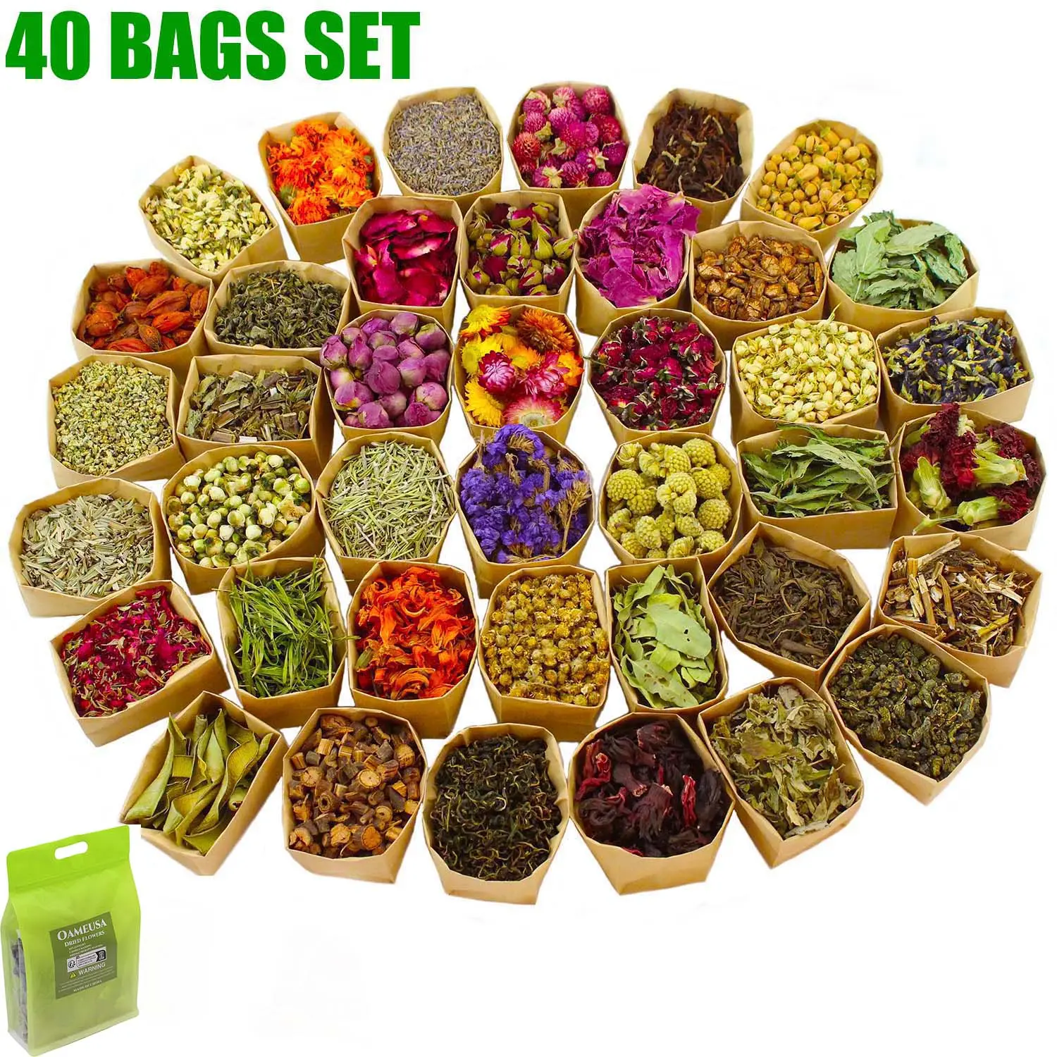 40 Packs Set Dried Flowers,Dried Plants For DIY Aromatherapy Candle Making,Soap Making,Jewelry Making,DIY Handicrafts,Christmas gifts,Mother's Day decorations,Halloween decorations,Forget-me-nots, Jasmine Flowers, Lavender,Chrysanthemums,Roses, Lily,Peony