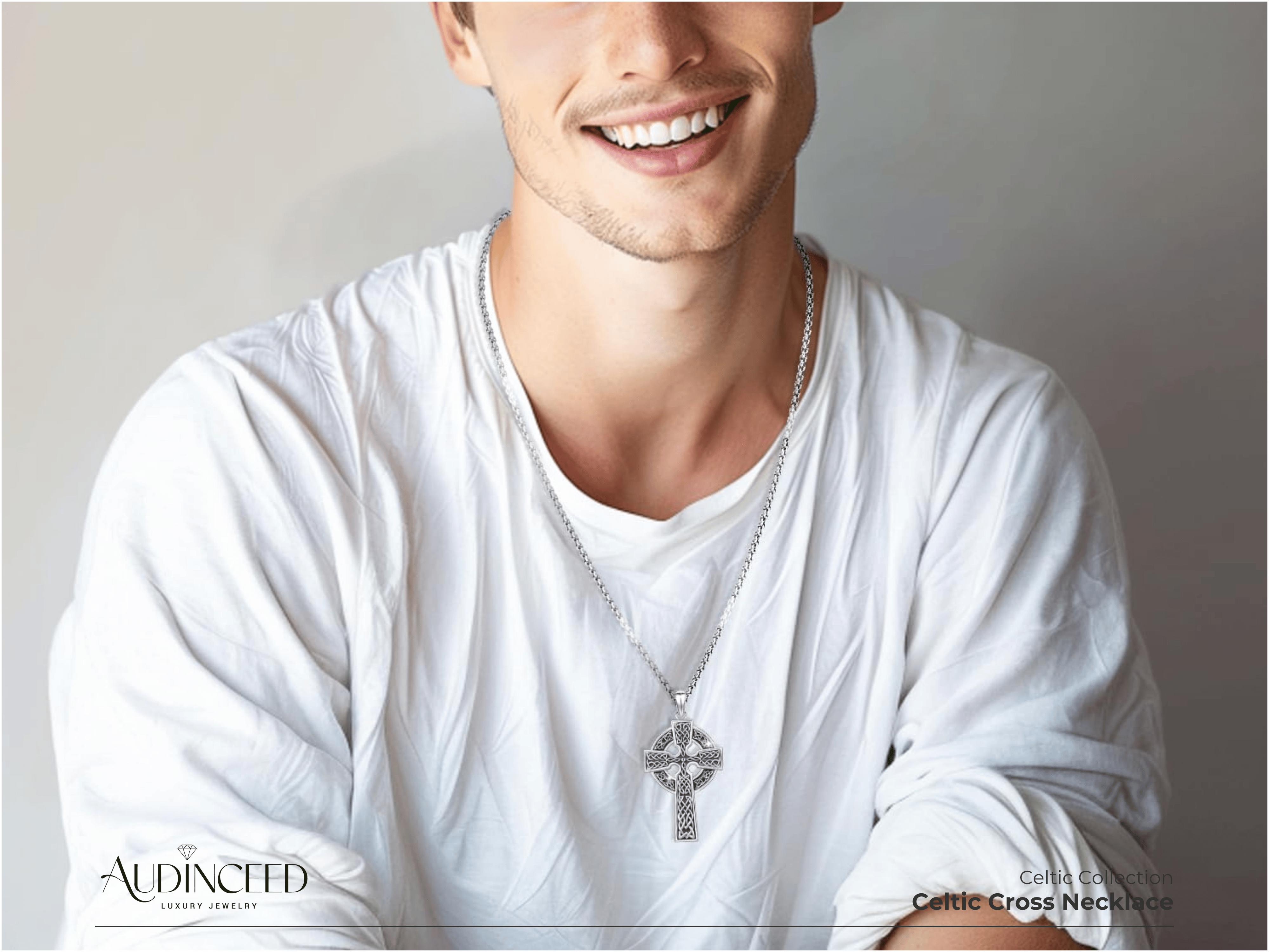 Audinceed Celtic Cross Necklace, S925 Sterling Silver Celtic Knot Cross Pendant Irish Knot Crucifix Amulet Blessed Silver Necklace Pendant Jewelry Gift  for Men Women