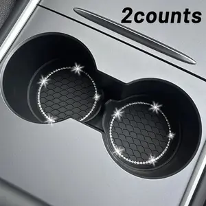Artificial Rhinestone Decor Car Coaster, 2 Counts/set Car Cup Holder Mat, Non-slip & Waterproof Cup Holders Pad, Car Interior Accessories for Women & Men