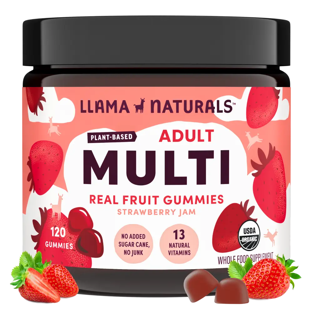 Llama Naturals Multivitamin for Women & Men, Vegan, Organic Gummies with Vitamin D, C & K, Adults Real Fruit Gummy Vitamins, Chewable Multivitamin Supplement, No Added Sugar Cane, Strawberry, 120 Ct