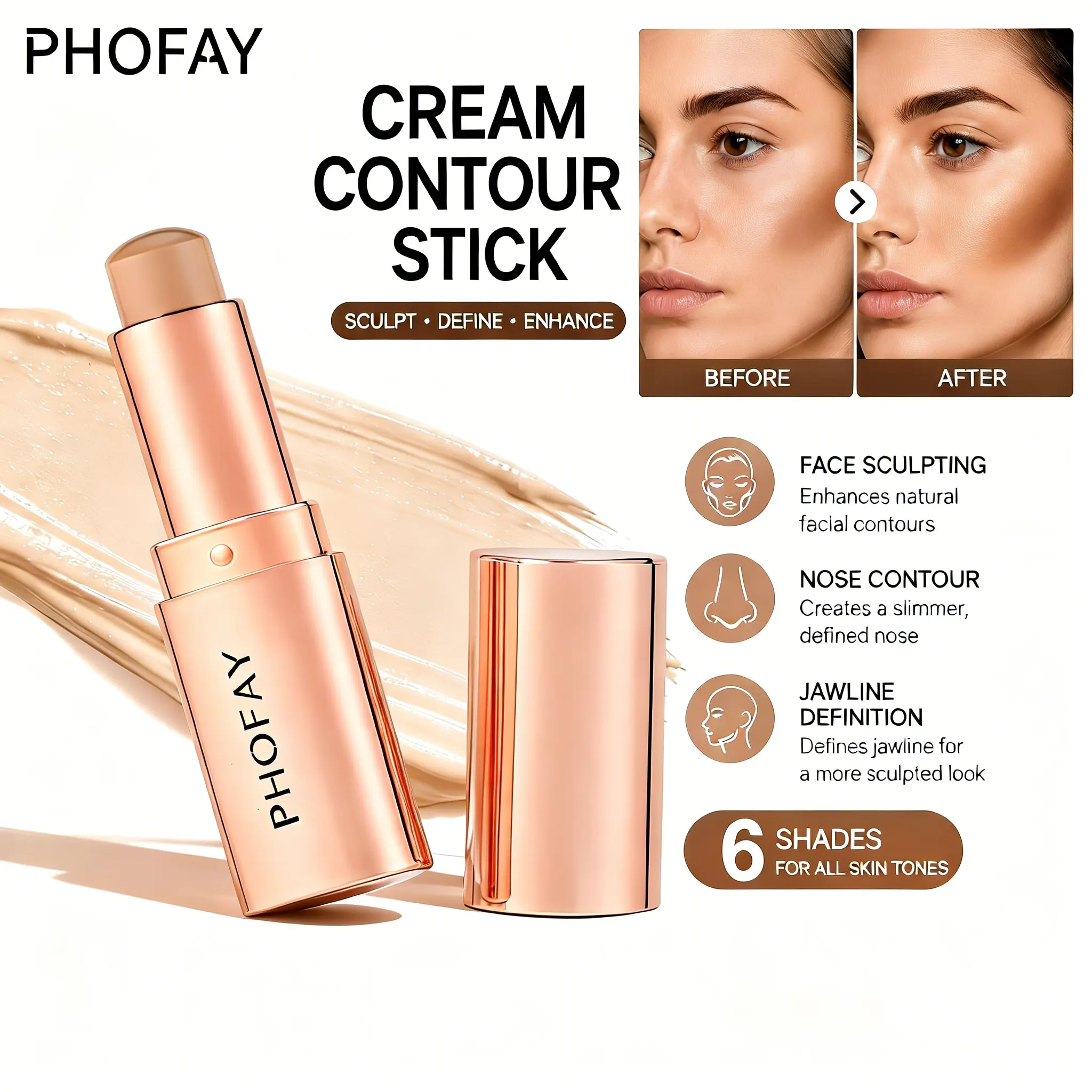 PHOFAY Cream Contour, Long-Lasting Matte Makeup Bronzer for Streak-Free Face Sculpting, Nose Contour & a Youthful Look, Daily Use, 4g