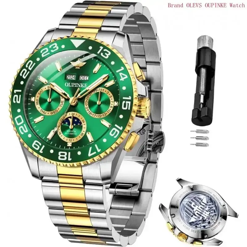OUPINKE Men's Automatic Watch Self Winding Mechanical Luxury Wrist Watch Sapphire Crystal Tungsten Steel Custom engraving.Max 12 letters or numbers
