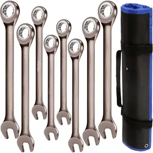 8 count Large Wrench Set Nickel   Ratcheting Wrench Set Metric & SAE Combination Wrench Set with Rolling Pouch 24,27,30,32mm & 1'',1-1/16'',1-1/8'',1-1/4'' CR-V Steel Father's