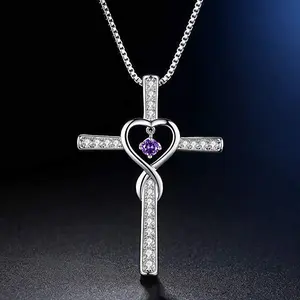 2PCS-New cross inlaid zircon pendant, European and American plated 925 silver love-shaped birthstone necklace.