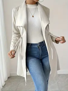Women's Elegant Drawstring Windbreaker Jacket Coat, Long Sleeve, Collared, Button Front, Casual Style, Fitted, Waist Belted, Fall Winter Fashion