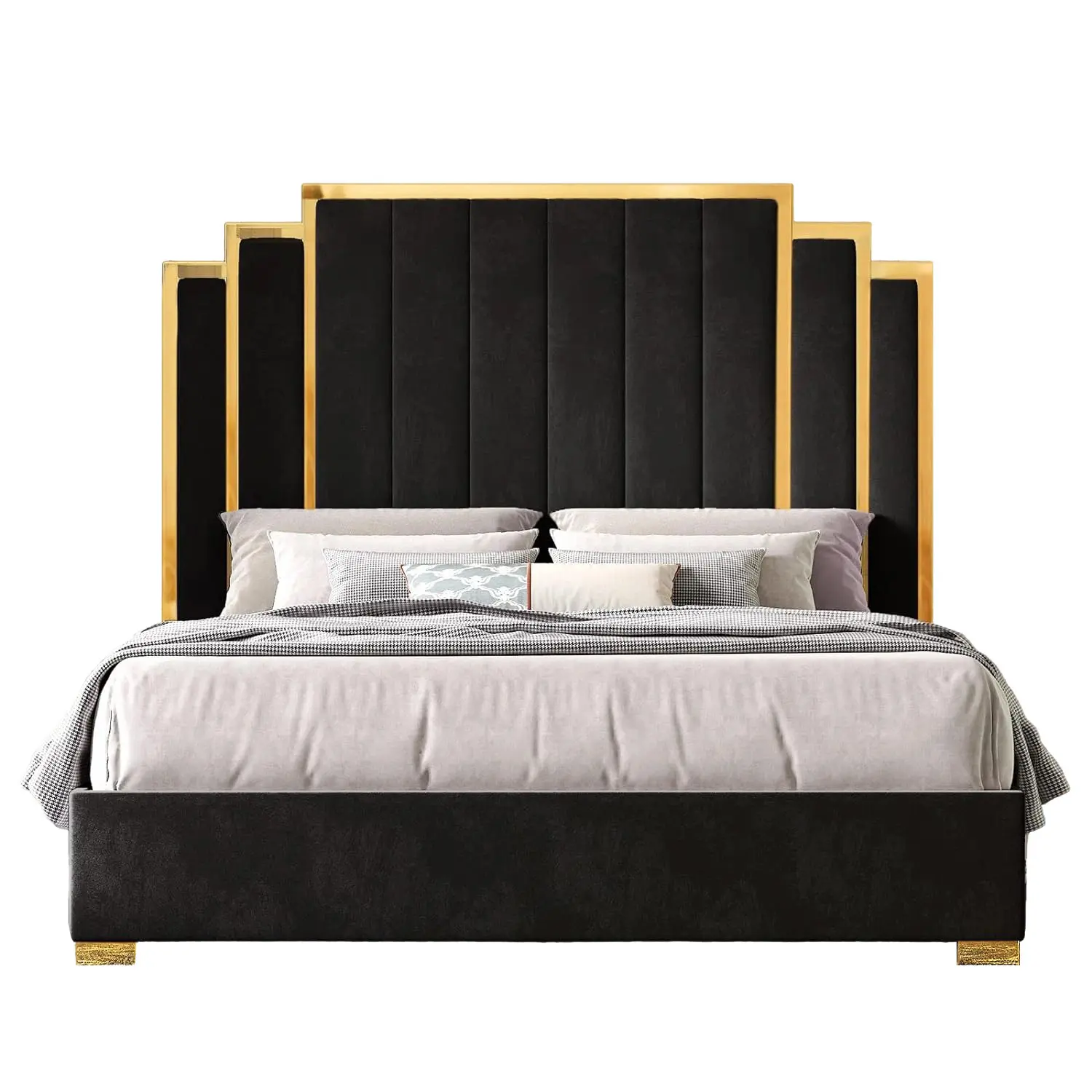 [SummerSale]VanAcc Bed Frame and 65" Headboard, Upholstered Bed with Golden Plating Trim, Modern Platform Bed No Box Spring Needed/Christmas Gift